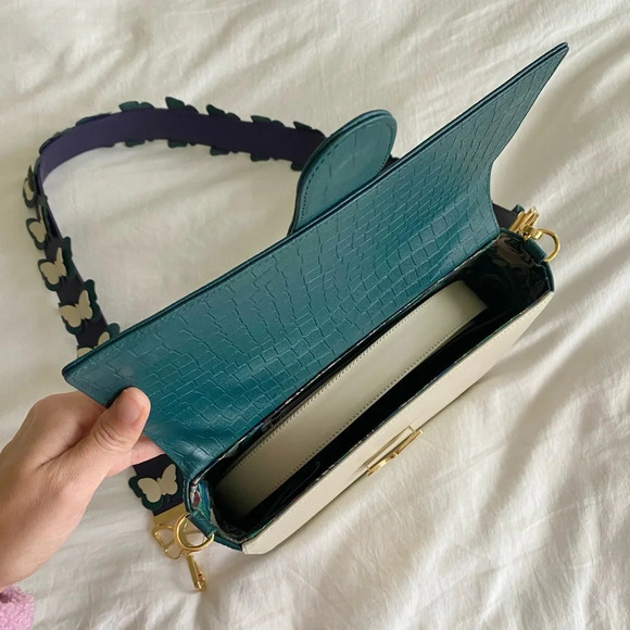 Elizabeth Sutton Leather Bag Multicolor Cream & Forest with 3D Butterfly Strap - Picture 7 of 15